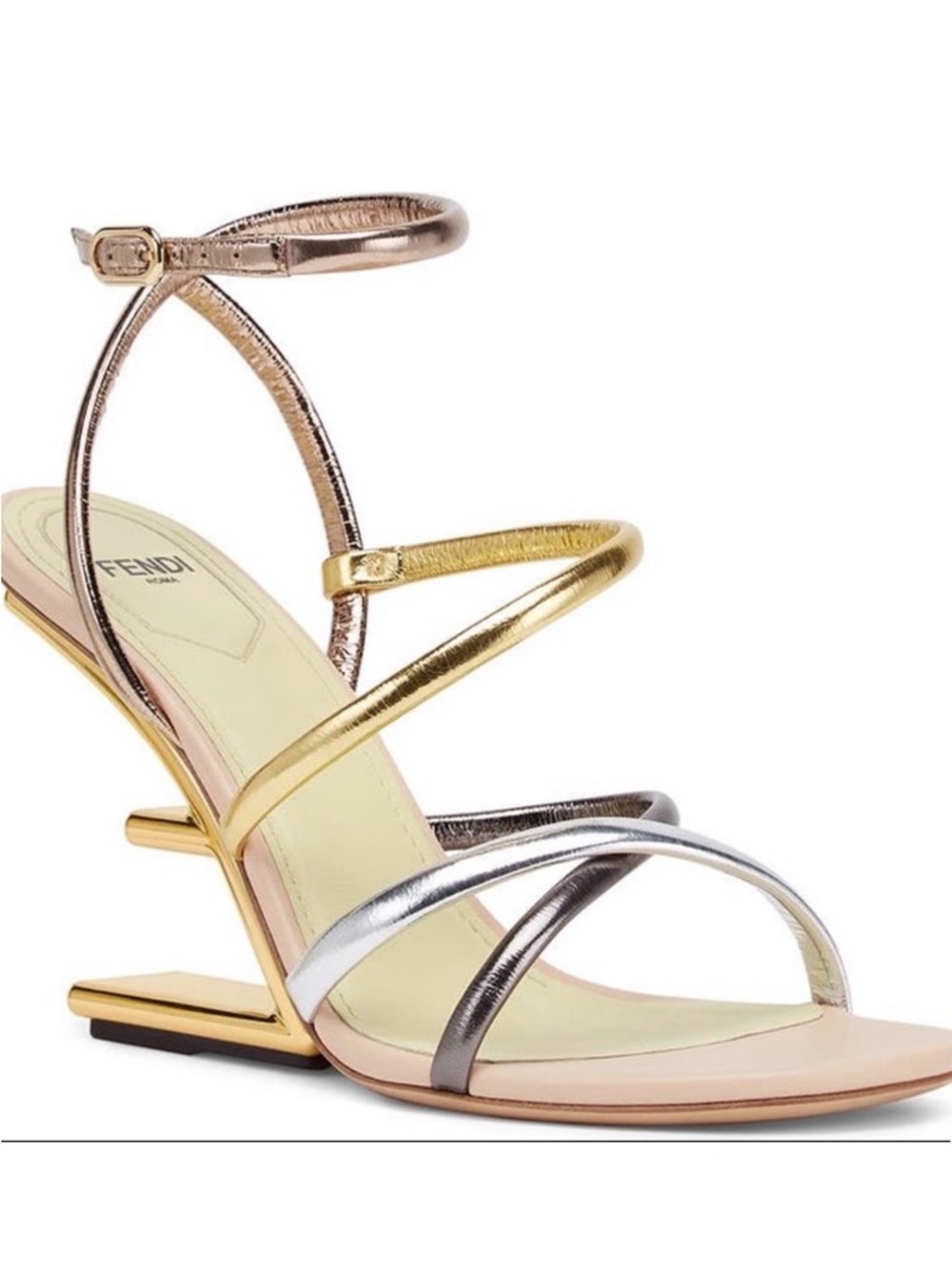 Fendi First Metallic Nappa Strappy Sandals Rose Gold Silver Couture Size 37 US 7 - Picture 2 of 16